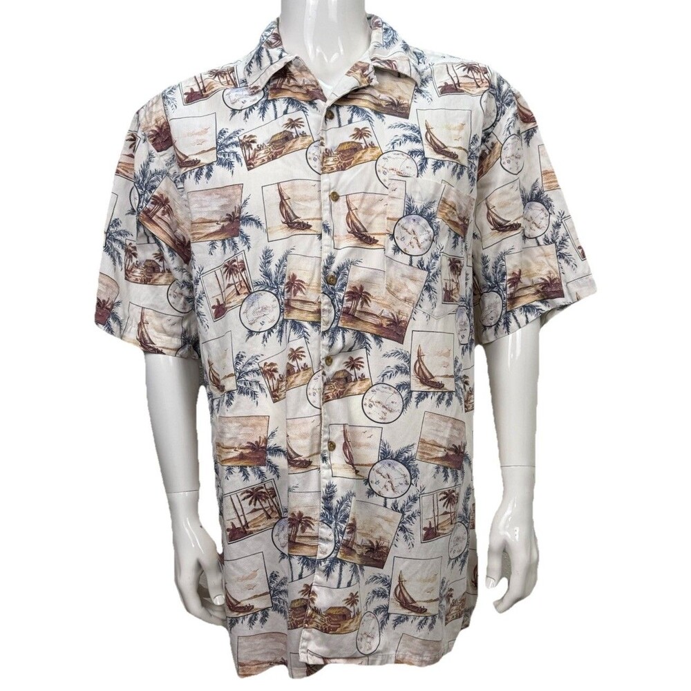 Vintage‎ Hawaiian Shirt Roundtree Yorke Large Sailing Palms Islands Beige Cotton